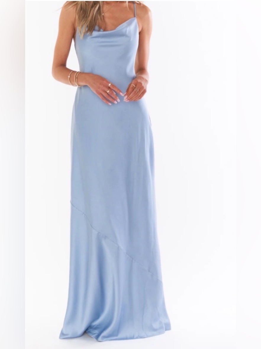 Show Me Your Mumu Verona Cowl Steel Blue Luxe Satin Maxi Dress Size Xxsmall